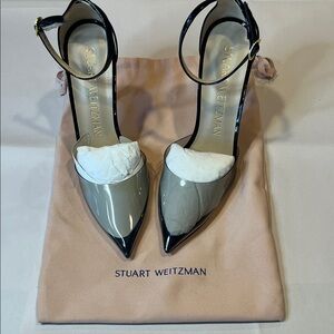 Stuart Weitzman Patent Black Leather and Clear Pointed Toe Heels